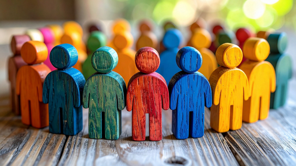 Colourful wooden figures standing together, symbolizing community, diversity, inclusion, and collaboration.